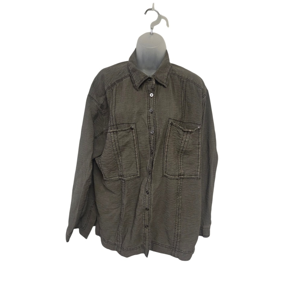 Pilcro Anthropologie Olive Green Textured Split Back Button Down Shirt Large